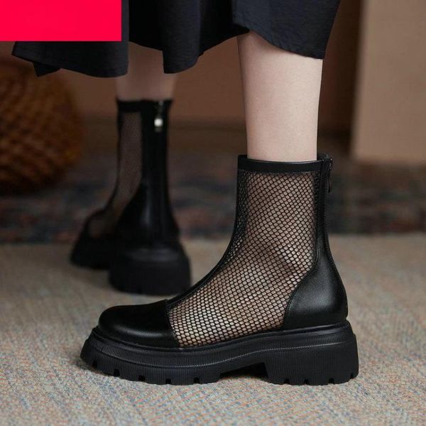 

boots 2021 cool genuine leather mesh zipper female pumps spring summer round toe square high heel women shoes size 34-41, Black