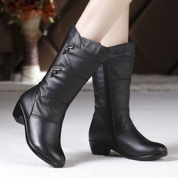 

boots women's mother female ladies leather shoes botas knee high zipper winter warm plush mid calf plus size mid-calf snow boot, Black