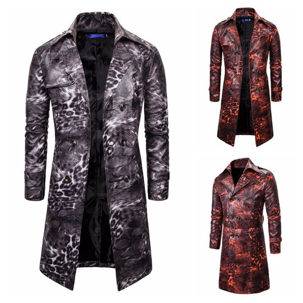 

fashion trench coat men's windbreaker long jedi survival leopard double breasted lapel, Tan;black