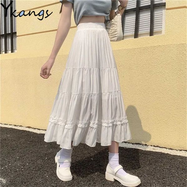 Vintage Rüschen Hohe Taille Rock Frauen Sommer Teenager Schule Mädchen Rüschen Plissee Rüschen Patchwork Lange Midi Schwarz Goth Röcke 210619