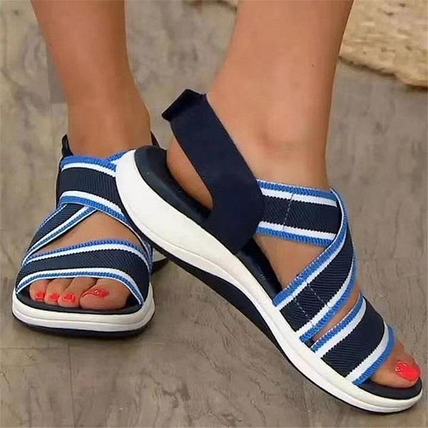 

sandals women casual shoes open toe look&loop sandalias flat stripe solid color ladies soft comfort outdoor, Black
