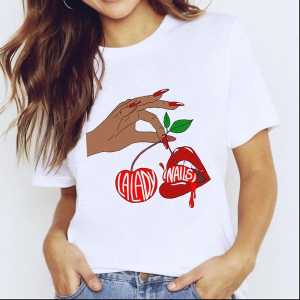 

t shirts women for lip fingernail nail art cartoon clothing print lady graphic shirt ladies female tee, White