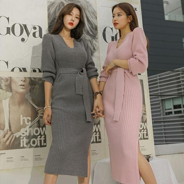 

casual dresses sutimine 2021 winter women's sweater dress v-neck fit slimming waist bandage knitting chic lantern sleeve lady, Black;gray