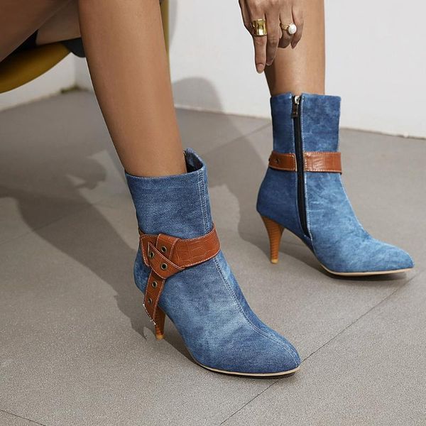 

boots elegant fashion ladies ankle female vintage belt buckle spring autumn women shoes footwear pointed toe denim, Black