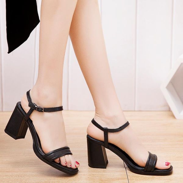 

thick high heels sandals 100% genuine leather shoes woman summer party wedding ankle strap women, Black