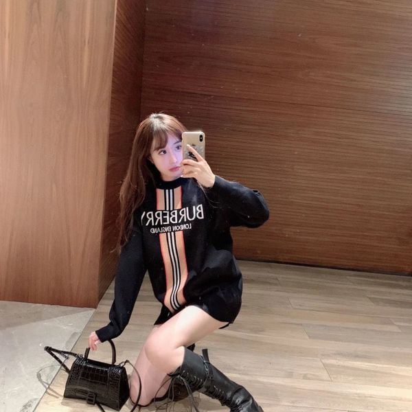 

hoodies letter matching sewing medium and long sleeve sweater, Black