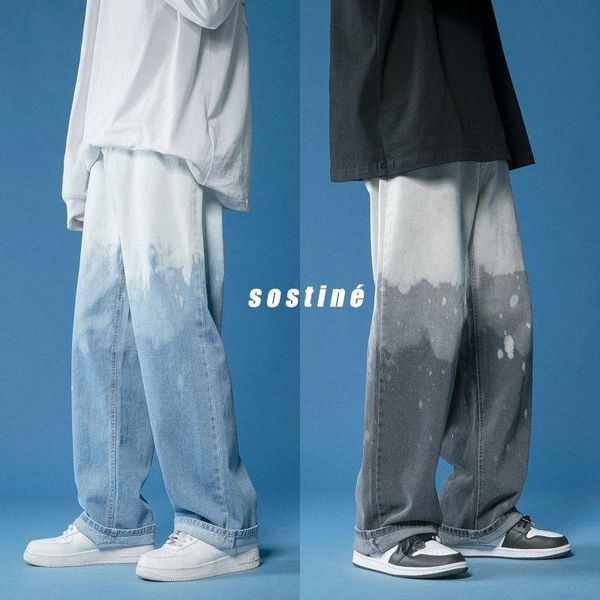 

men's jeans gradient men korean fashion loose straight-leg casual harajuku streetwear retro print mopping pants, Blue
