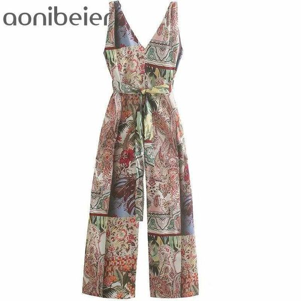 Moda donna stampata pagliaccetti estate senza maniche profondo scollo a V vita alta casual donna gamba larga tute con telai 210604