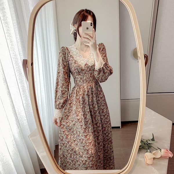 

casual dresses long sleeve vintage floral midi dress women lace patchwork chiffon high waist v-neck autumn elegant female sundress vestidos, Black;gray