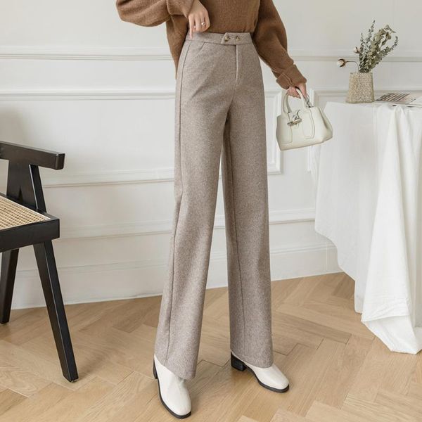 

women's pants & capris chic women woolen straight female 2021 autumn winter casual loose buttons high waist office ladies wide leg trou, Black;white
