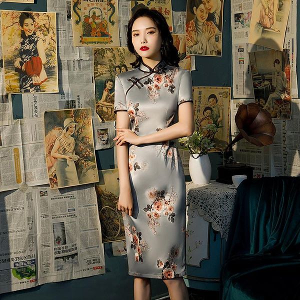 

vintage spring elegant women's printed qipao oriental 8-button knee-length cheongsam modern slim chinese silk novelty dress ethnic clot, Red