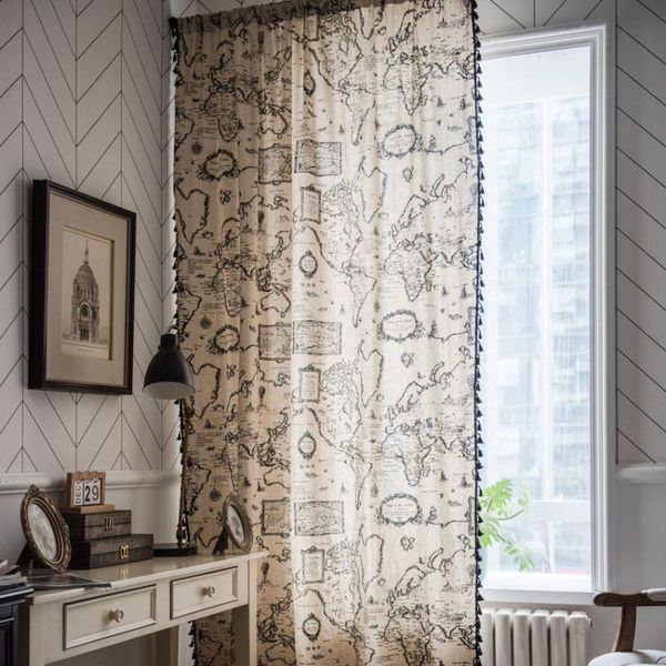 

print curtain cotton linen tassel bay window living room built-in semi-shading hooks rod pocket grommets & drapes