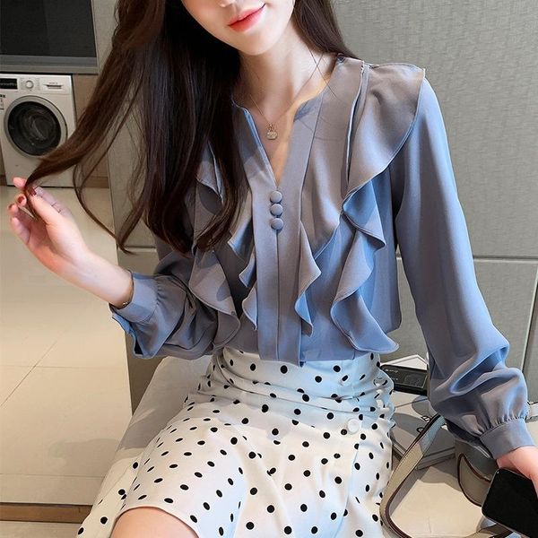 

autumn sweet style solid versatile women chiffon v-neck ruffles temperament blouse spring fashion long sleeve shirts female women's bl, White