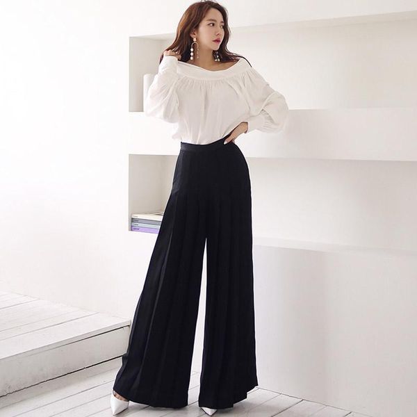 

arrival two piece set women fashion slash neck long sleeve black high waist wide leg pants suits 2021 spring women's, White