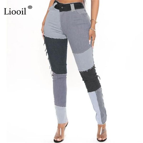 

women's jeans patchwork stretch burrs 90s boyfriend pencil pants women high waist denim trousers color block streetwear jean, Blue
