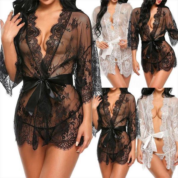 

au lace nightwear womens sleepwears summer see through robe half sleeve mesh v neck up mini dress, Black;red