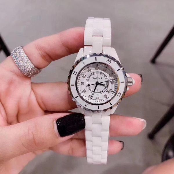 

wristwatches really ceramic white fashion tide watches women calendar waterproof quartz watch, Slivery;brown
