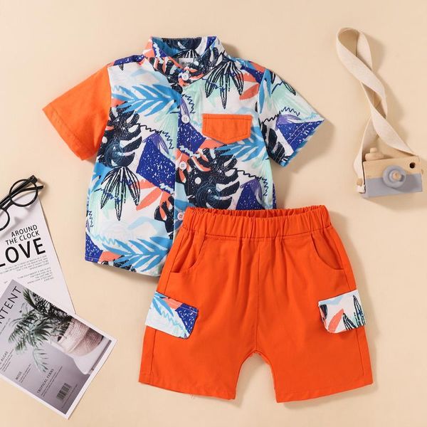 

clothing sets a034 2021 summer boy short-sleeved shirt suit european and american style lapel leaf + two-piece pants, White