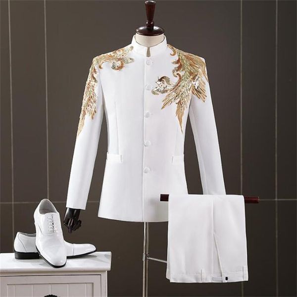 

men's suits & blazers embroidered chinese tunic suit men sequins white fashion performance costume choir stage host singer dress stand, White;black