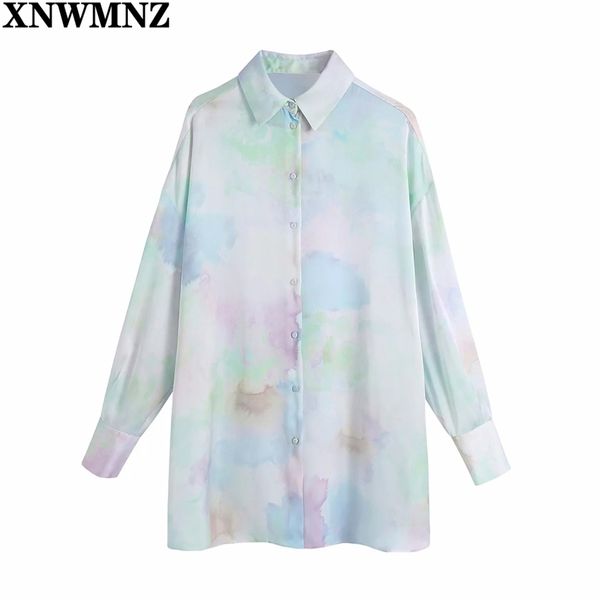 

women vintage tie dye print casual loose blouse office ladies long sleeve breasted shirt chic oversize blusas 210520, White