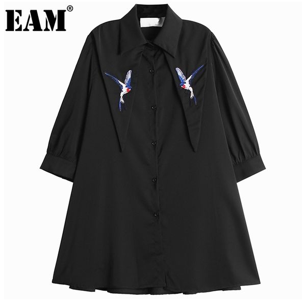 

[eam] women embroidery big size black blouse lapel three-quarter sleeve loose fit shirt fashion spring summer 1dd7945 21512, White