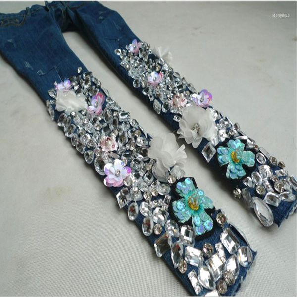 

women's jeans size 25-32spring fashion women luxury rhinestones diamond denim flower embroidered pencil skinny jeans1, Blue