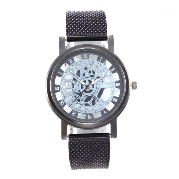 

fashion skeleton wrist watch men simple style mesh belt women quartz watches hollow wristwatches, Slivery;brown