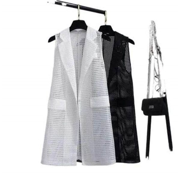 

women's vests plus size 4xl women black long hollow vest coat europen style waistcoat sleeveless jacket large outwear roupa female, Black;white