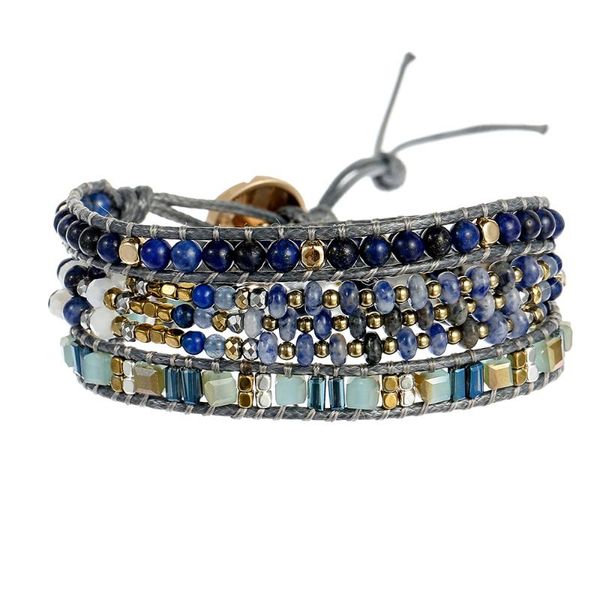 

unique 3 layers natural stone wrap bracelet middle 3 strands flat blue vein stone beades bracelets for women boho jewelry gift, Golden;silver