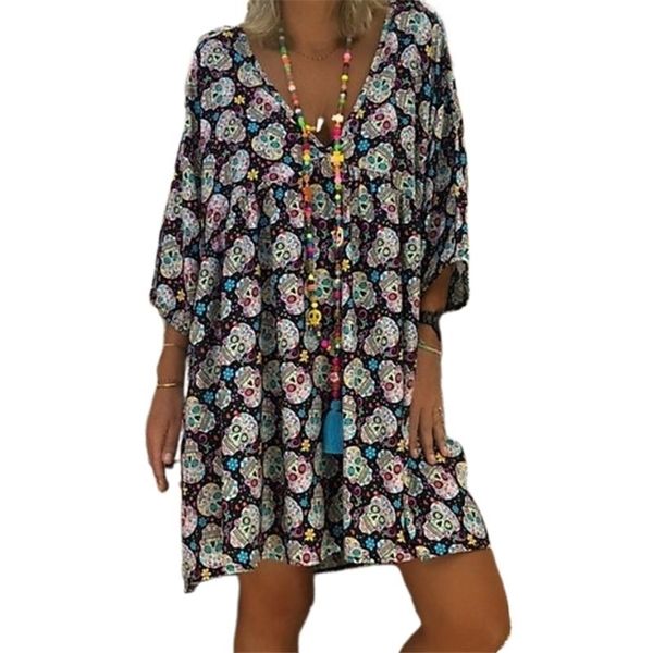

women plus size v-neck 3/4 sleeves loose flowy t-shirt dress halloween skull floral casual flared party tunic sundress s-5xl 210323, Black;gray