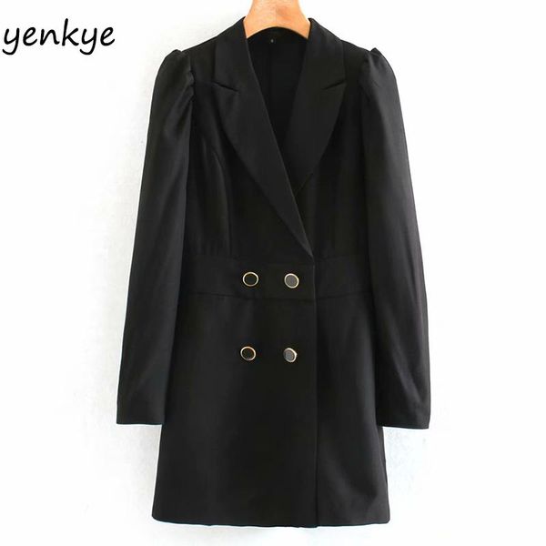 

women's jumpsuits & rompers winter women vintage black blazer jumpsuit lady puff sleeve notched collar double breasted straight elegant, Black;white