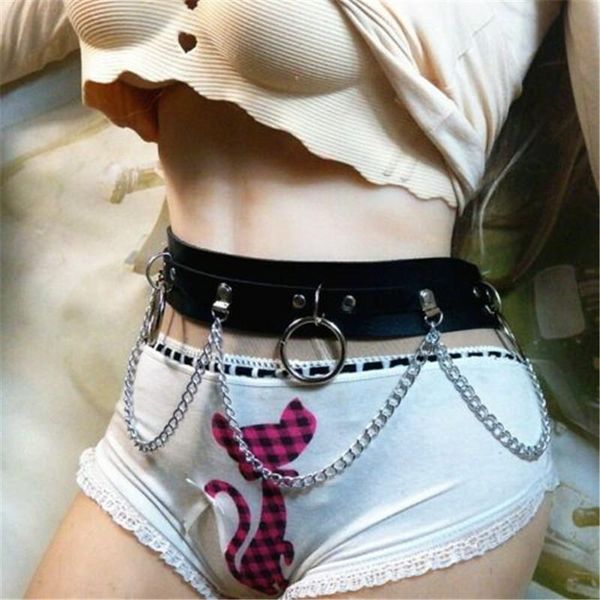

belts punk leather belt laser metal chain ring waist strap street dance clothing decor, Black;brown