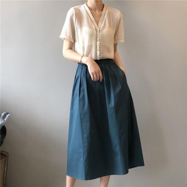 

skirts autumn women's blue ys5698 fashion solid big swing ladies skirt long 2021 wild high waist a line slim, Black