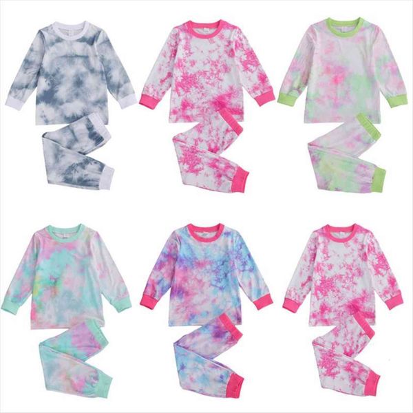

2 7years infant baby girls boys pajama sets tie dye printed long sleeve pullover pant autumn housewear 2pcs outfit, White
