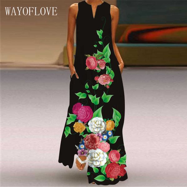 WayOfLove Moda Flor Impressão Preto Dress Beach Elegante Casual Plus Size Vestidos Verão Mulher Sem Mangas Maxi Vestido Mulheres 210602