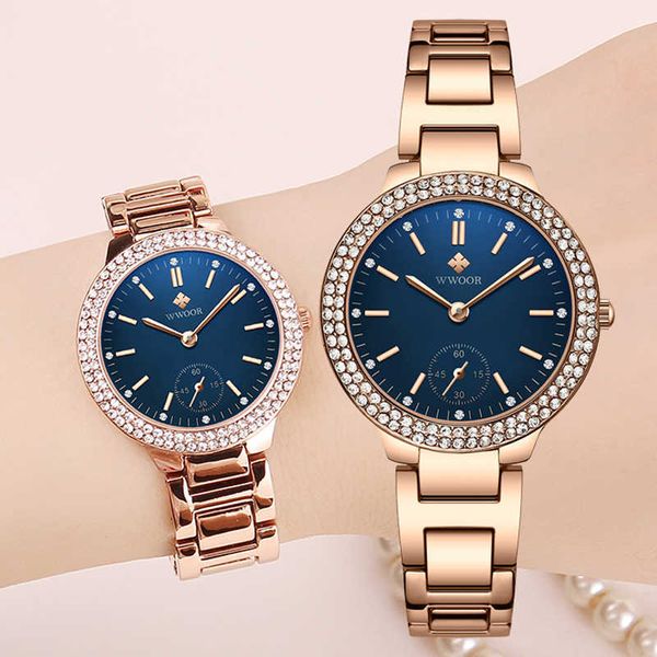 WWOOR Frauen Uhren Luxus Marke Rose Gold Diamant Quarz Damen Armbanduhr Edelstahl Weibliche Uhr relogio feminino 210527