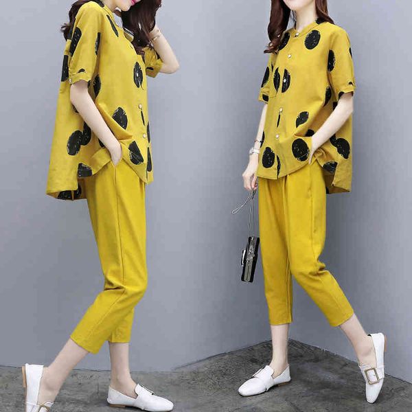 Set estivo due pezzi giallo 2020 abiti da donna estivi pantalone abiti da donna plus size top a pois tuta in lino abbigliamento X0428