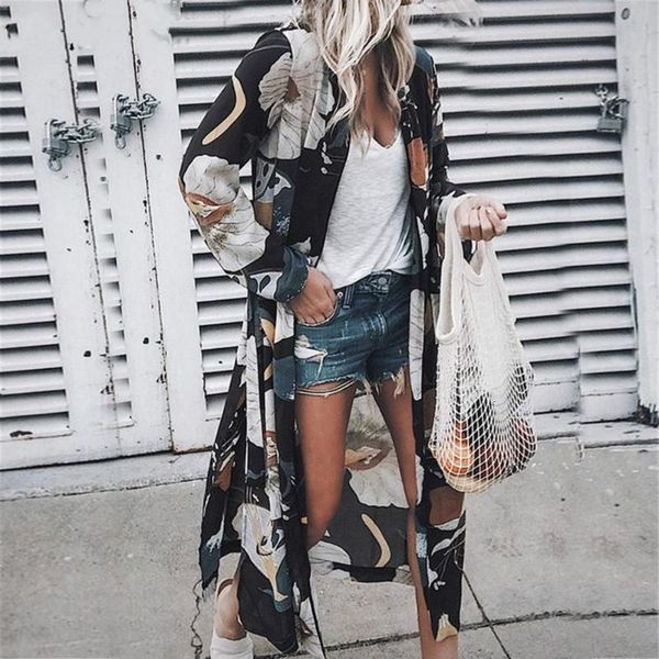 

casual dresses boho beach women floral long sleeve chiffon cardigan brown kimono cover ups summer maxi 7qru, Black;gray