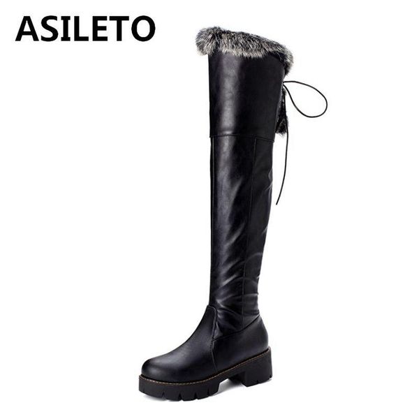 

boots asileto round toe faux lether over knee high squre heels warm short plush zip snow size 33-43 black white brown winter