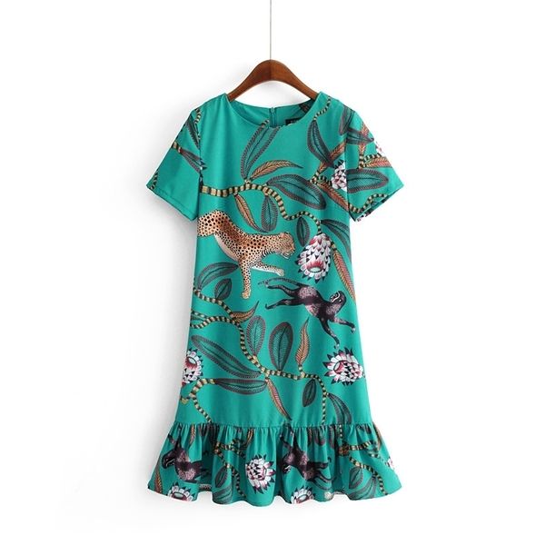 

women elegant o neck short sleeve animal floral printing casual straight dress ladies hem pleated ruffles dresses 210319, Black;gray