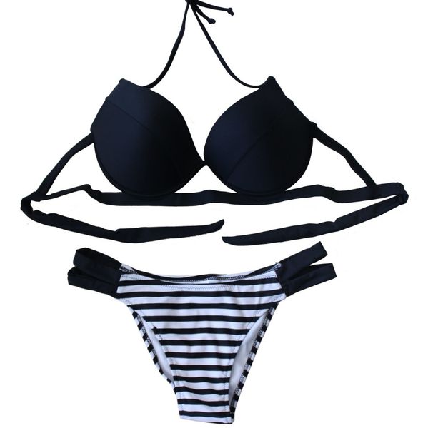 

2021 push up bikini swimsuit women striped swimwear hollow out bra cup bathing suit monokini beach swimming suit xxlin