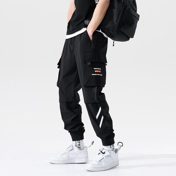 

men's pants side pockets cargo harem 2021 ribbons black hip hop casual male joggers trousers fashion streetwear