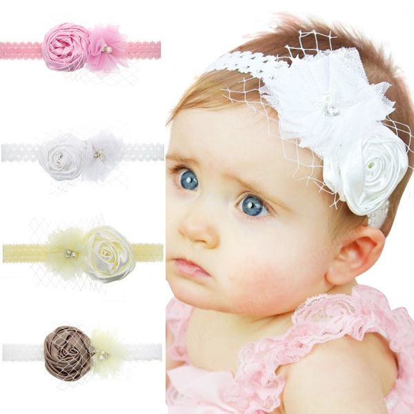 

hand sewn rhinestone beads flowers toddler elastic hairband solid color lace headband cute rose floral headwear birthday gifts, Slivery;white