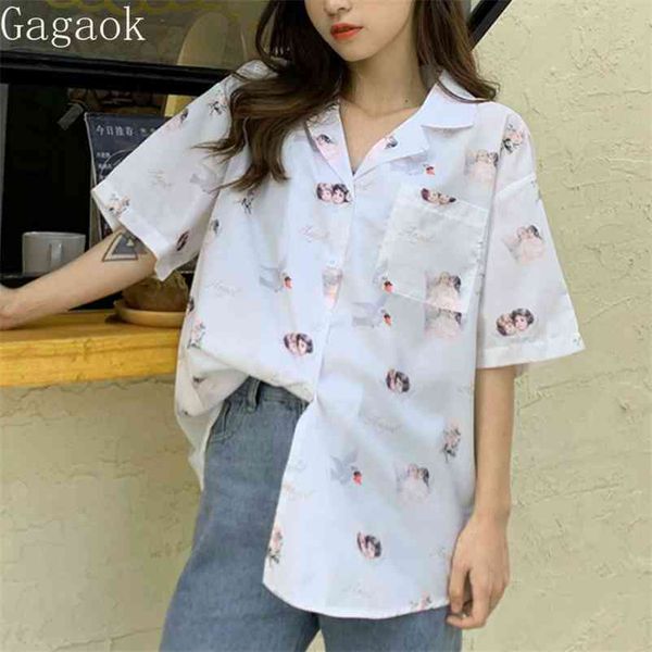 

women streetwear shirt summer notched pockets full print loose harajuku csual retro chic wild and blouse 210531, White
