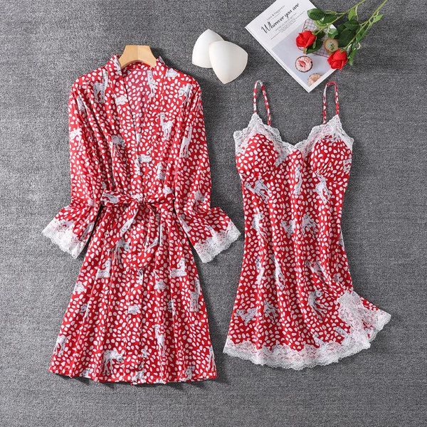 

women's sleepwear conjunto de camisola sensual feminina, inclui 2 peÃ§as roupa dormir em renda cetim com decote v para verÃ£o e casa, Black;red
