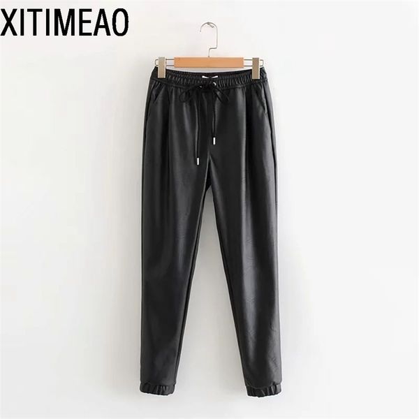 Vintage Şık PU Deri Cepler Pantolon Moda Elastik Bel İpli Kravat Ayak Bileği Pantolon Sweatpants Rahat 210604