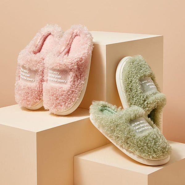 

slippers women soft plush home cotton shoes roll wool warm winter house ladies indoor slipper bedroom men couples floor slides, Black