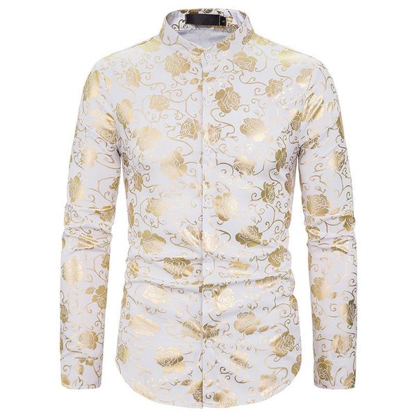 

men's casual shirts white slim fit mandarin collar dress shirt tuxedo 2021 luxury floral bronzing nightclub men camisa masculina, White;black