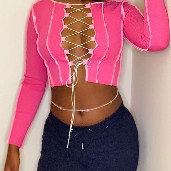 

women's t-shirt 2021 autumn knitted fashion solid color straps hollow long sleeve clothing plus size, White
