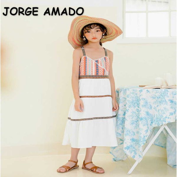 

summer girls dress sleeveless national style patchwork shoulderless holiday beach children clothes e2044 210610, Red;yellow